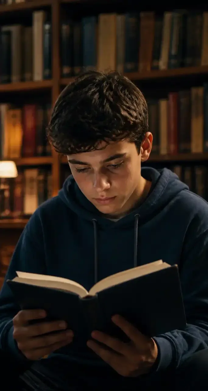Un adolescent étudie en bibliothèque, entouré de livres