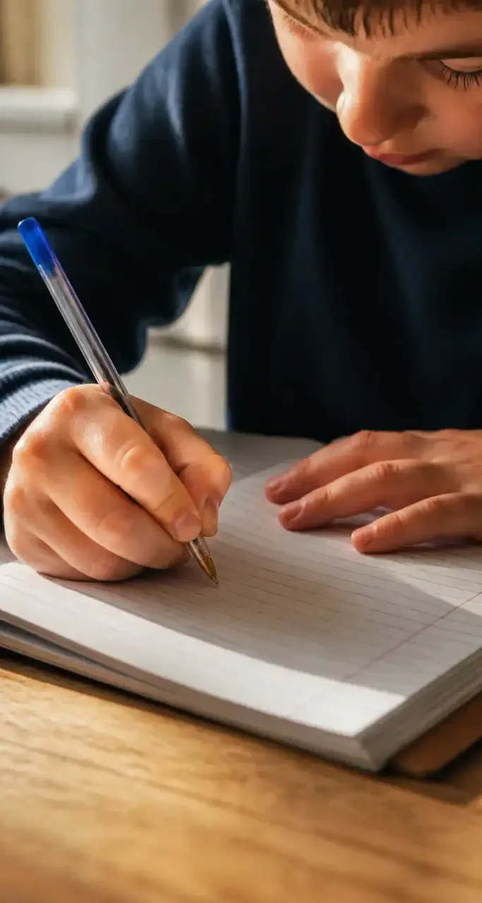 Un enfant concentré écrit dans son cahier d'exercices