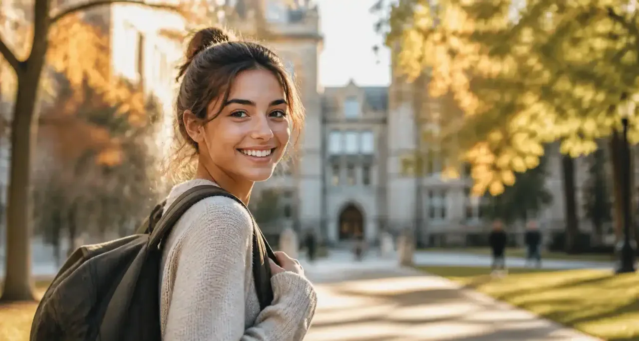 Une étudiante marche sur un campus universitaire, sac sur l'épaule