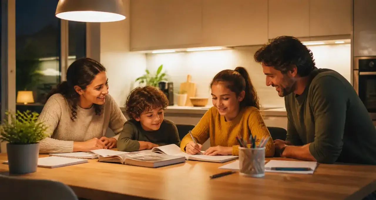 Une famille partage un moment complice autour de la table du salon