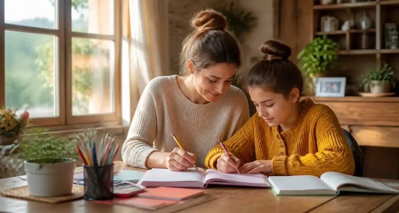 Une mère aide son enfant à faire ses devoirs à la maison, penchés ensemble sur un cahier