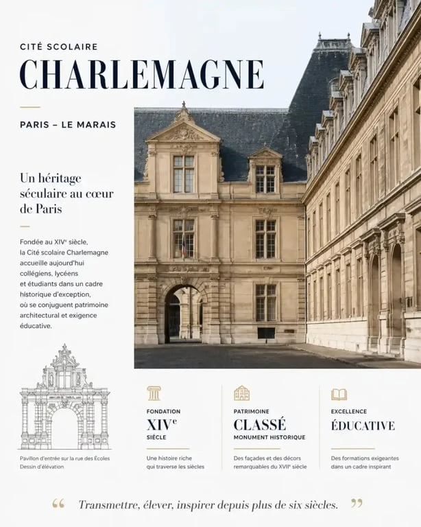 Façade historique de la cité scolaire Charlemagne à Paris
