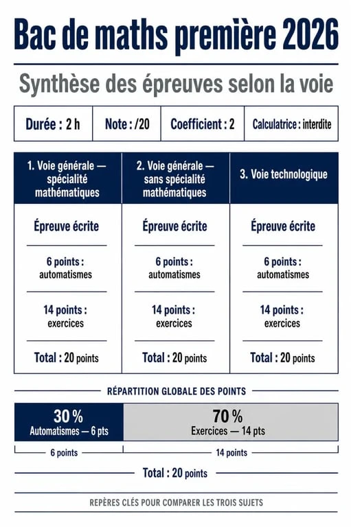 Infographie du bac de maths première 2026 comparant les modalités selon la filière