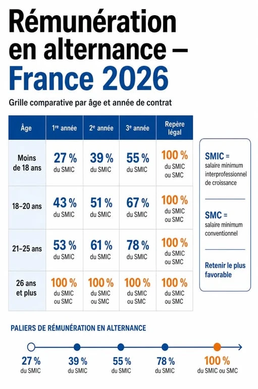 Grille tarifaire alternance 2026 par âge et année de contrat