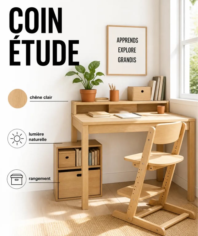 Aménager un espace d'étude écologique et durable pour ses enfants avec un bureau en bois massif et lumière naturelle