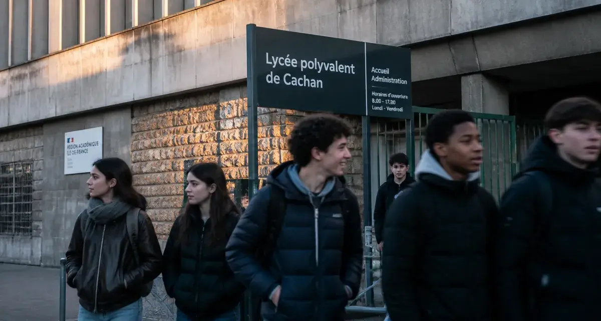 Lycée polyvalent de Cachan : lycéens devant l’établissement, accès RER B