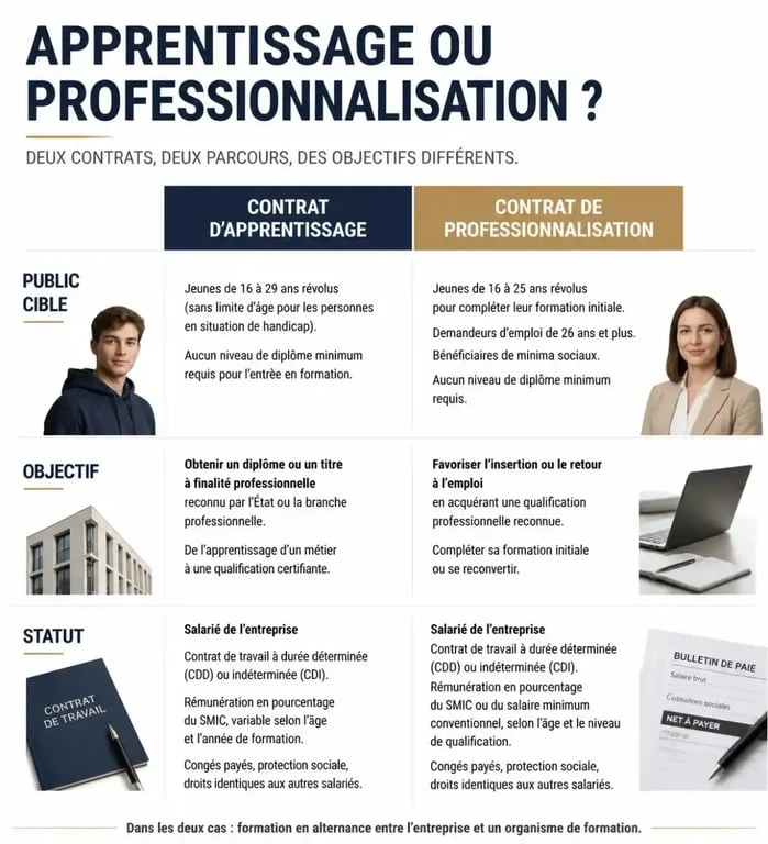 Tableau comparatif des contrats d'apprentissage et de professionnalisation pour une offre alternance