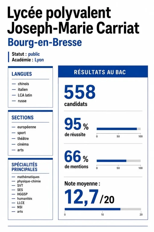 Lycée carriat : synthèse visuelle des formations, langues et résultats au bac