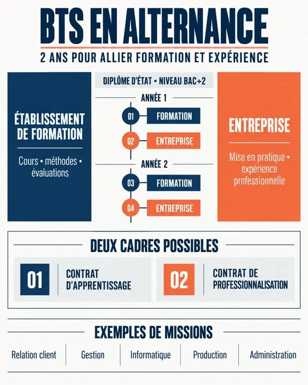 Infographie expliquant le fonctionnement d’un BTS en alternance entre école et entreprise