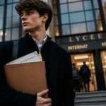 Entrée du lycée Claude-Fauriel, élèves devant