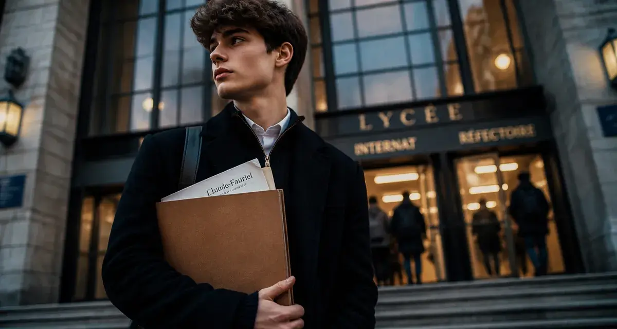 Entrée du lycée Claude-Fauriel, élèves devant